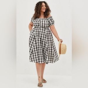 Plaid Off-Shoulder Peasant Midi Dress